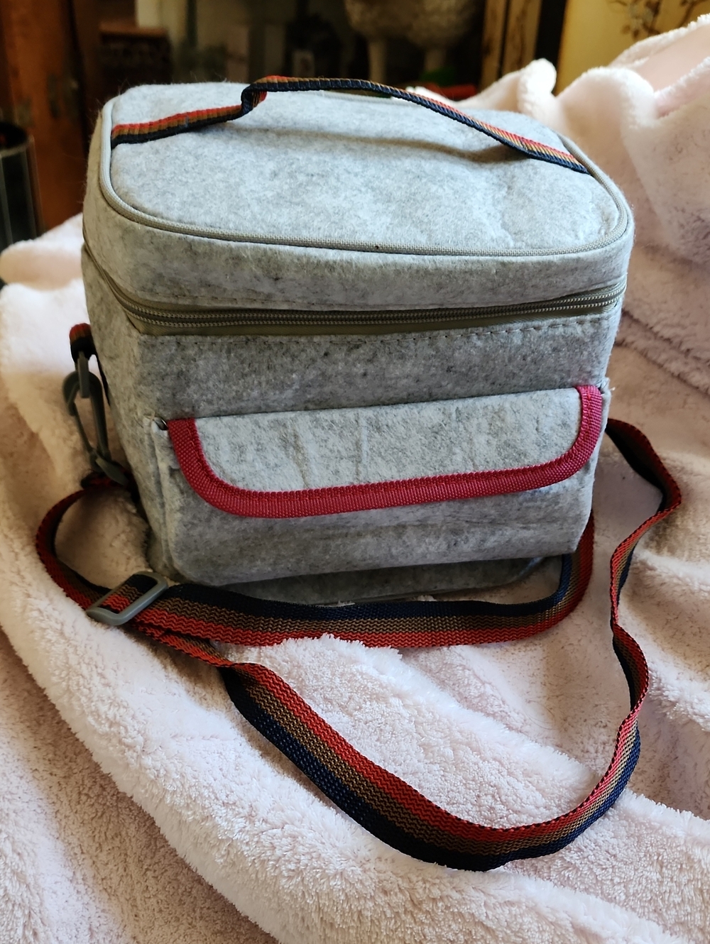 Gray Felt Bento Lunch Bag with Red Trim, and Silverwear